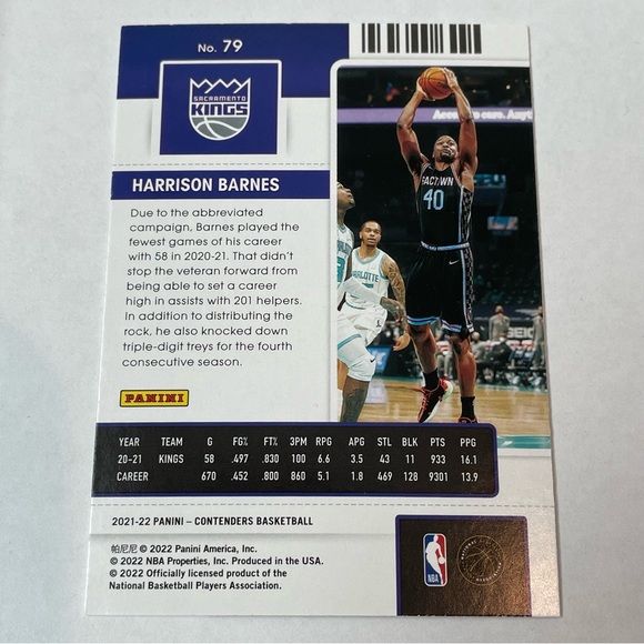 2021-22 HARRISON BARNES SACRAMENTO KINGS Contenders Basketball Card #79 - Picture 2 of 2